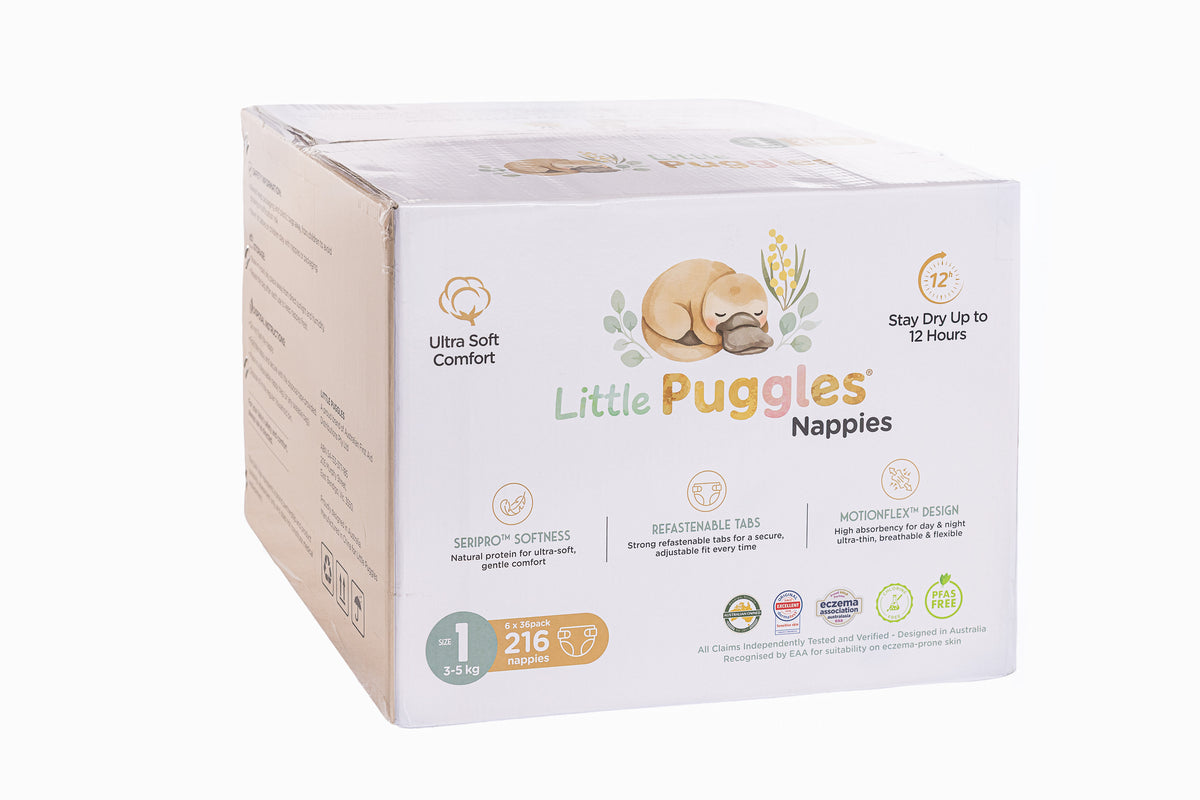 Little Puggles Nappies Size 1 carton, six packs of 36, 216 nappies for 3 to 5 kg