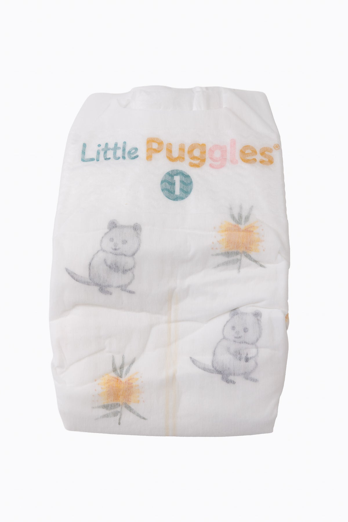 Little Puggles Size 1 nappy, front, with Quokka and Yellow Bottlebrush artwork