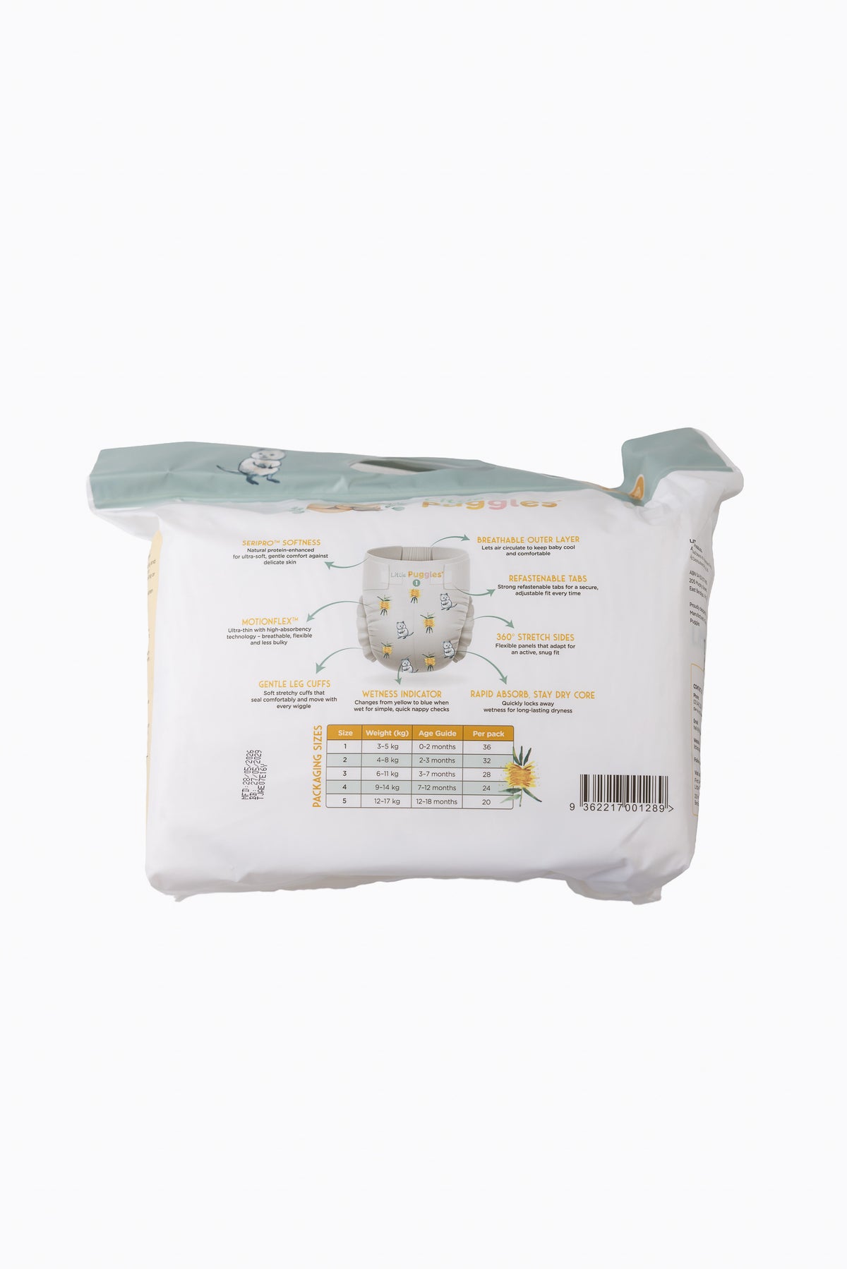 Little Puggles Nappies Size 1 pack of 36, back of pack