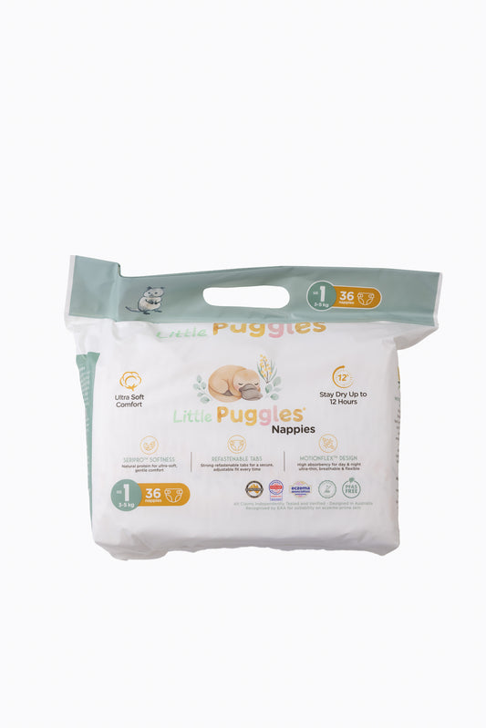 Little Puggles Nappies Size 1 pack of 36, front of pack, for 3 to 5 kg