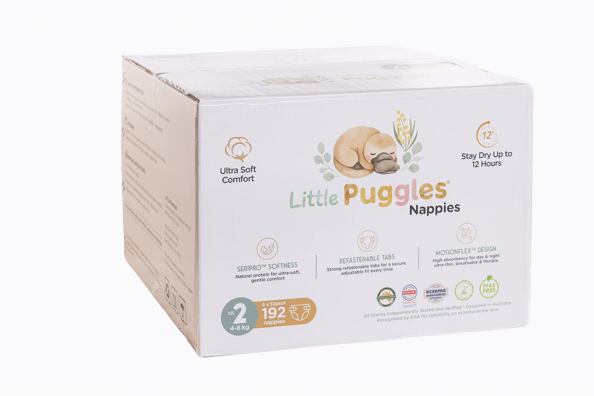 Little Puggles Nappies Size 2 carton, six packs of 32, 192 nappies for 4 to 8 kg