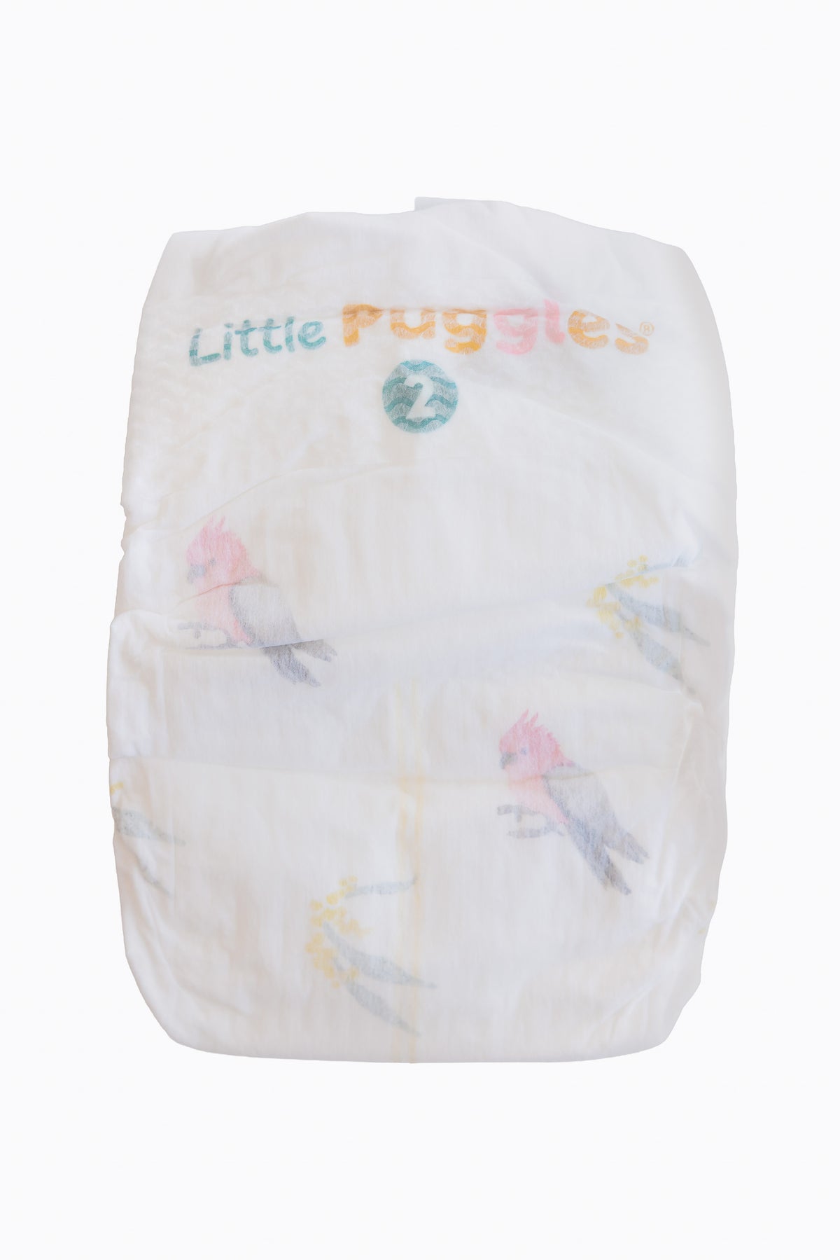Little Puggles Size 2 nappy, front, with Galah and Wattle artwork