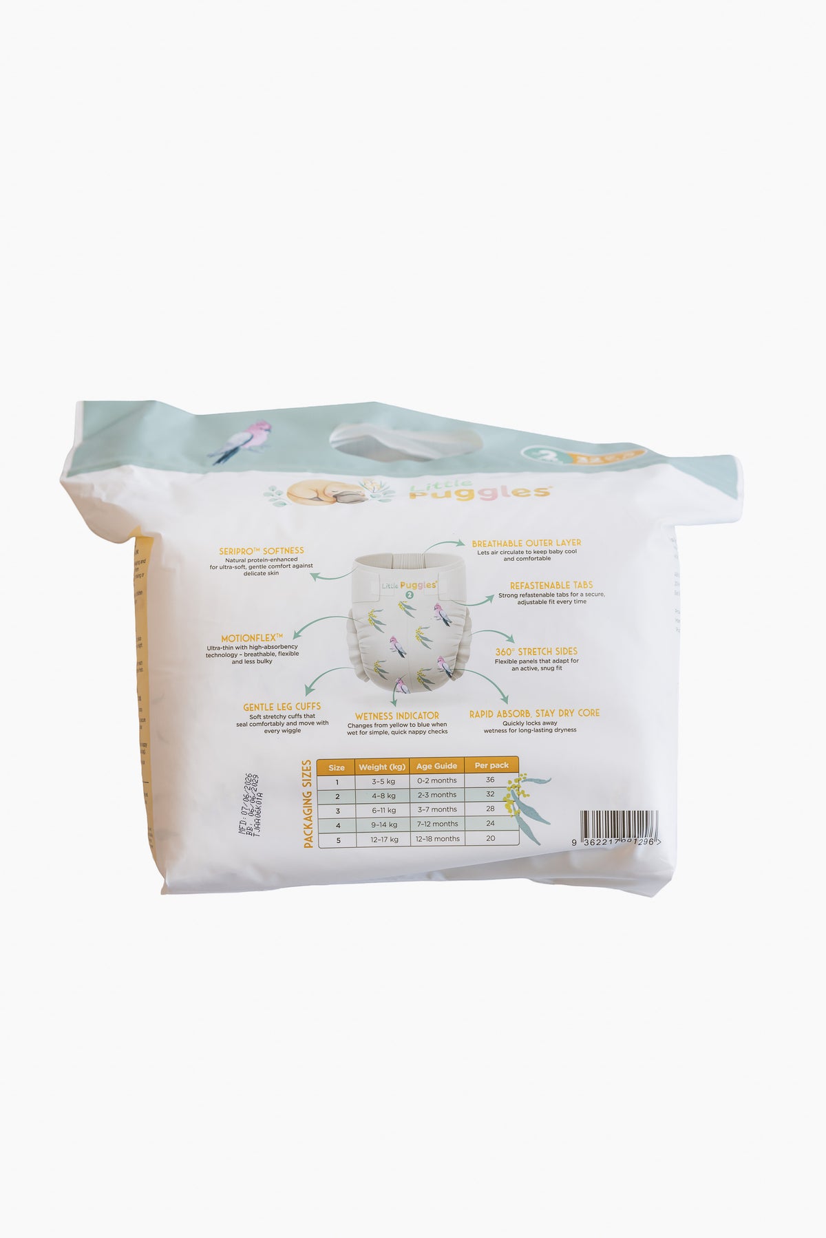 Little Puggles Nappies Size 2 pack of 32, back of pack