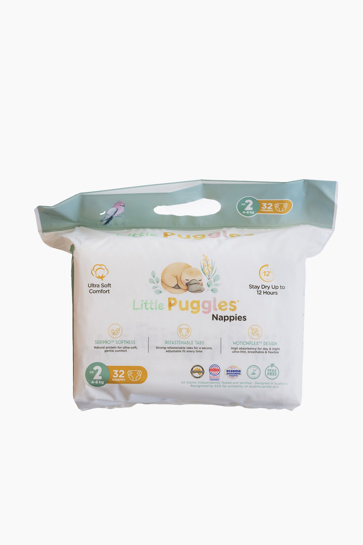 Little Puggles Nappies Size 2 pack of 32, front of pack, for 4 to 8 kg