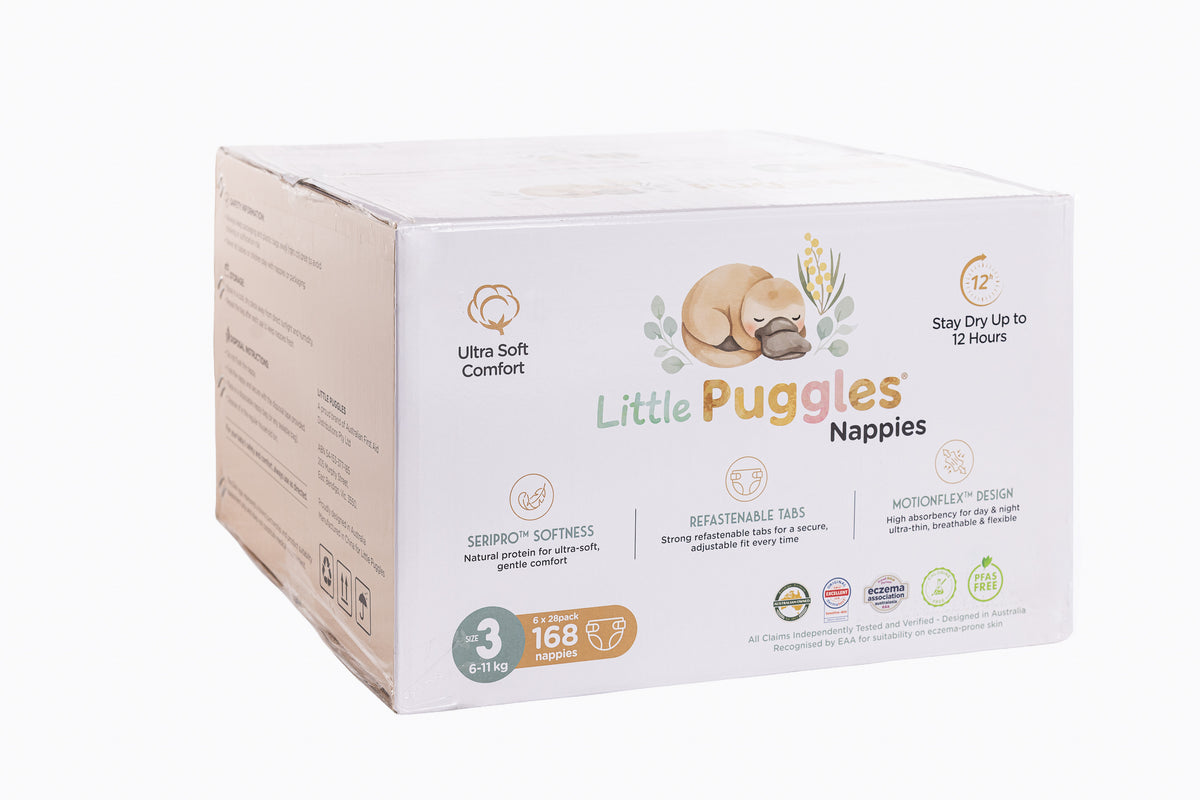 Little Puggles Nappies Size 3 carton, six packs of 28, 168 nappies for 6 to 11 kg