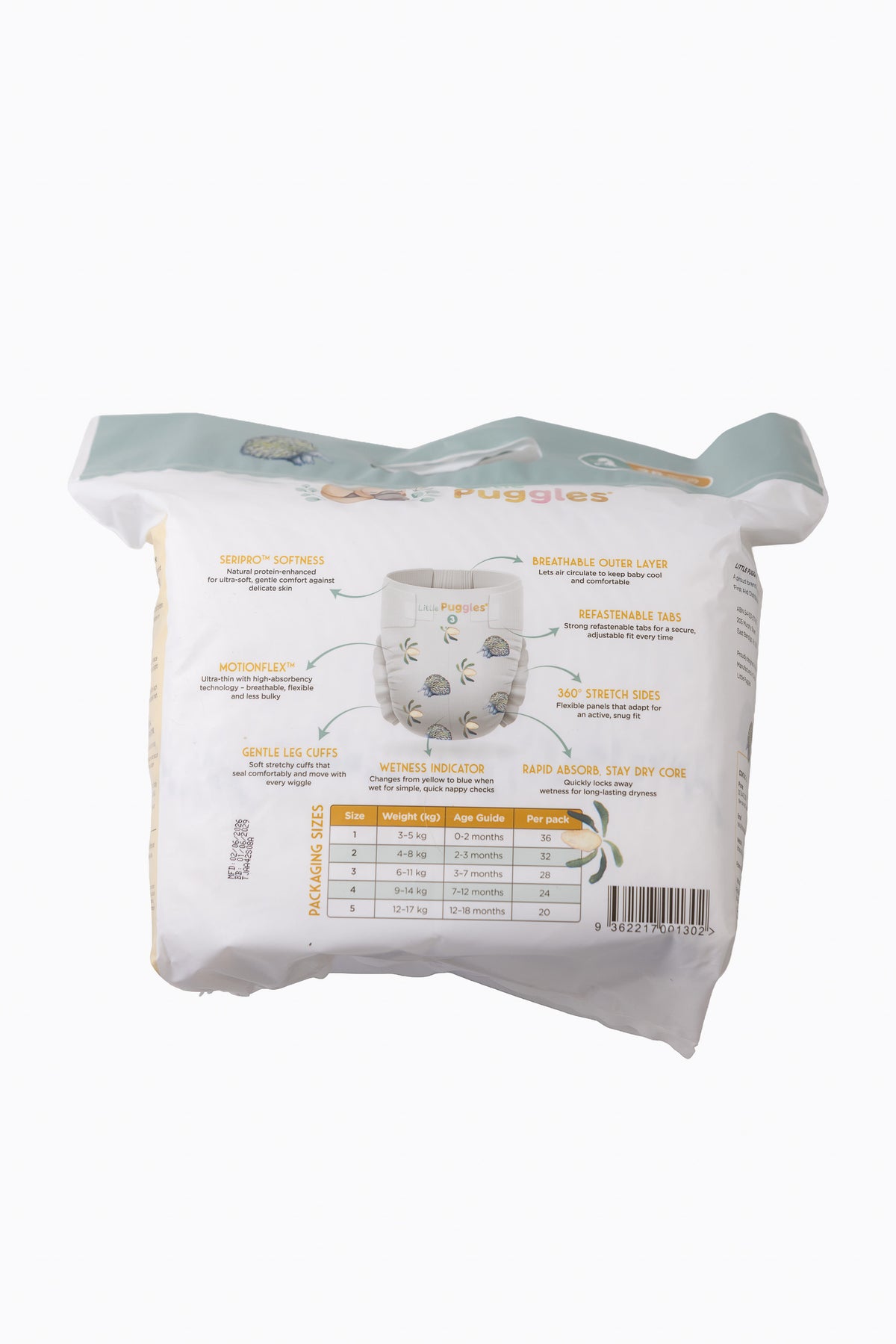 Little Puggles Nappies Size 3 pack of 28, back of pack