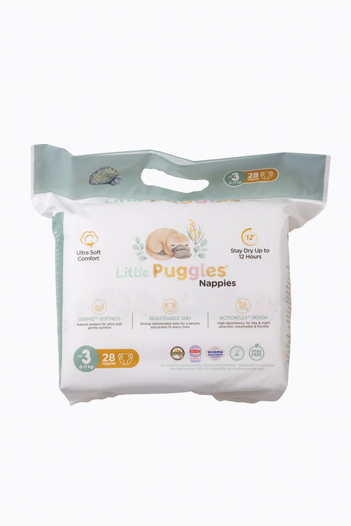 Little Puggles Nappies Size 3 pack of 28, front of pack, for 6 to 11 kg