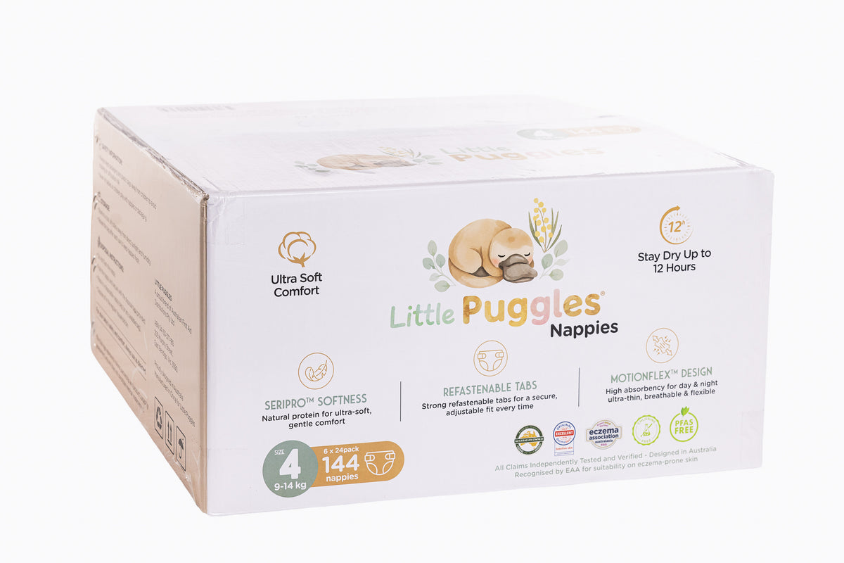 Little Puggles Nappies Size 4 carton, six packs of 24, 144 nappies for 9 to 14 kg