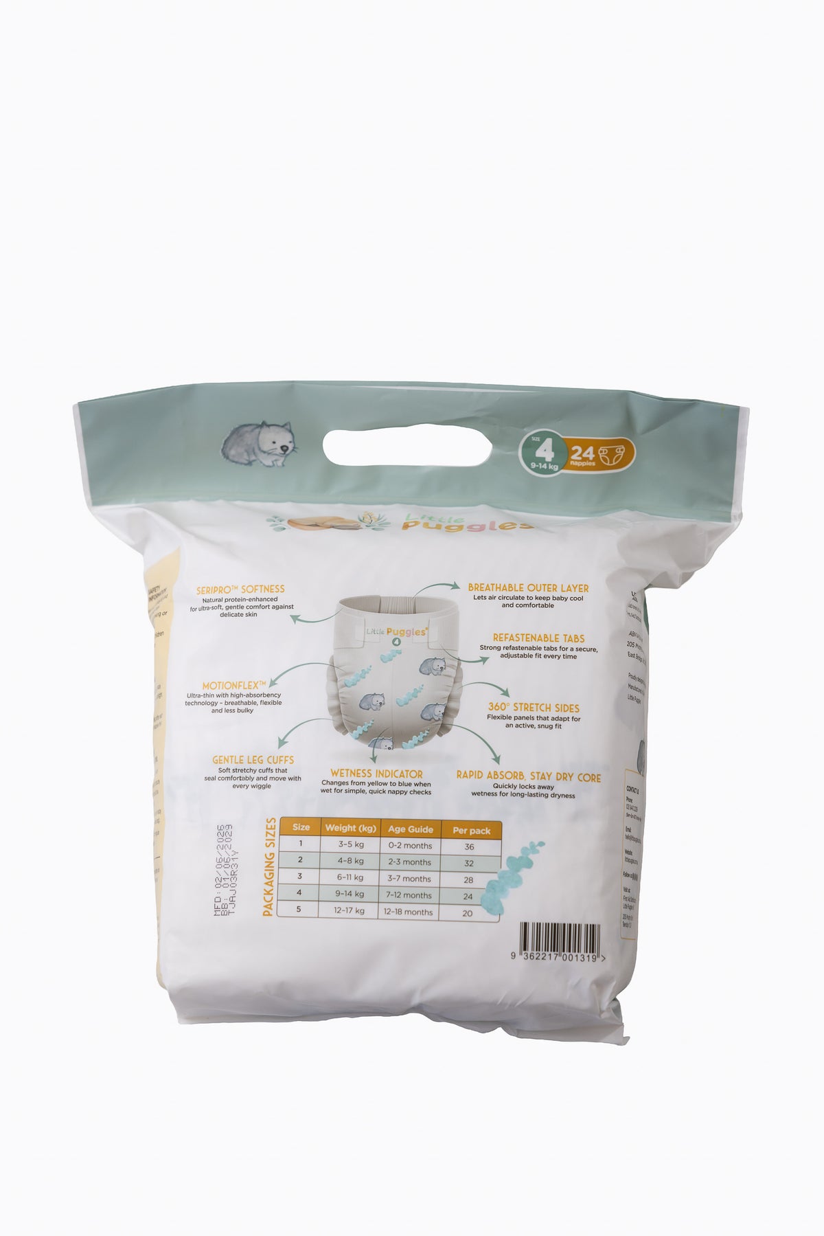 Little Puggles Nappies Size 4 pack of 24, back of pack