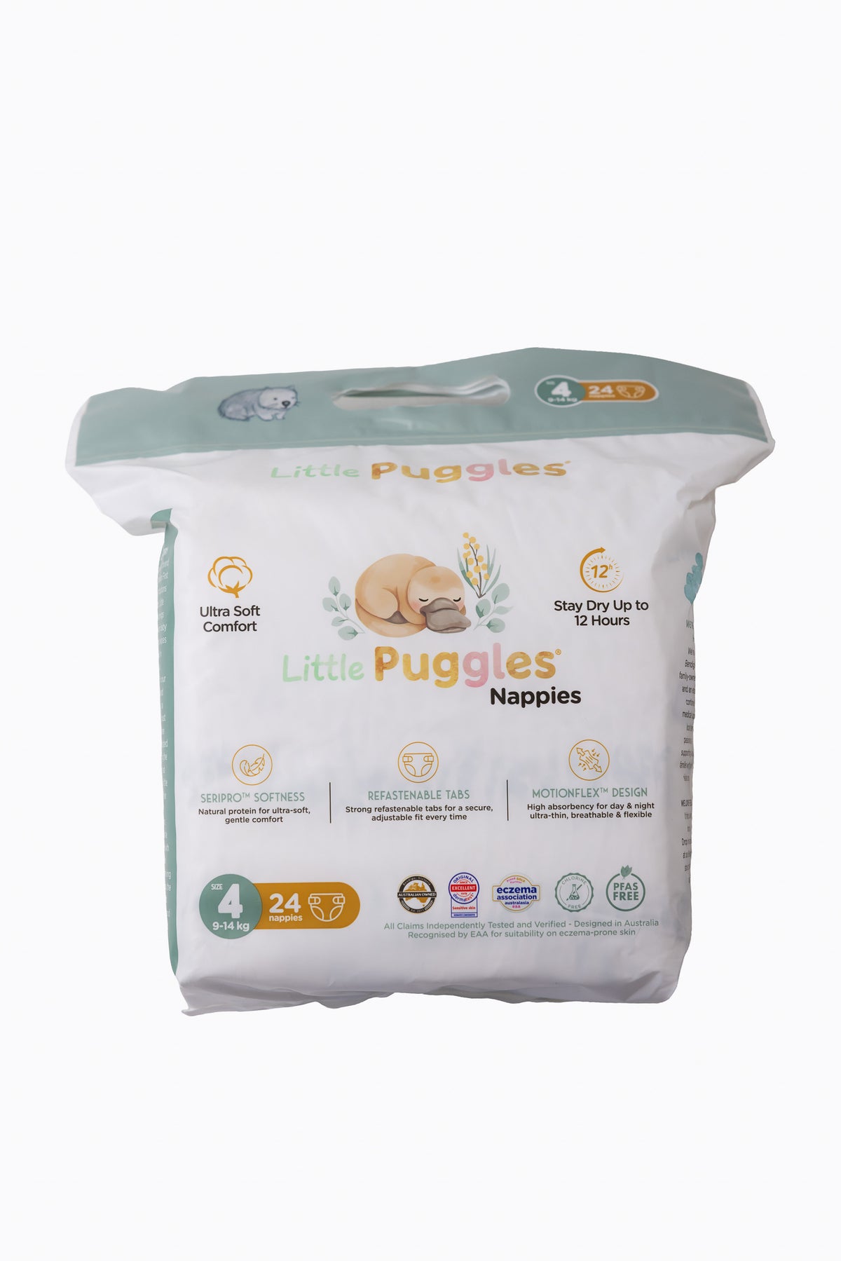 Little Puggles Nappies Size 4 pack of 24, front of pack, for 9 to 14 kg