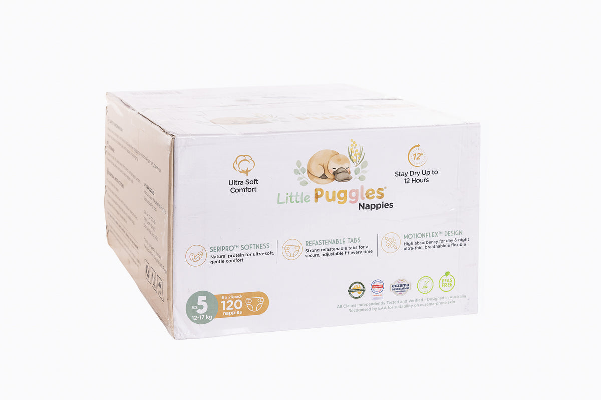Little Puggles Nappies Size 5 carton, six packs of 20, 120 nappies for 12 to 17 kg