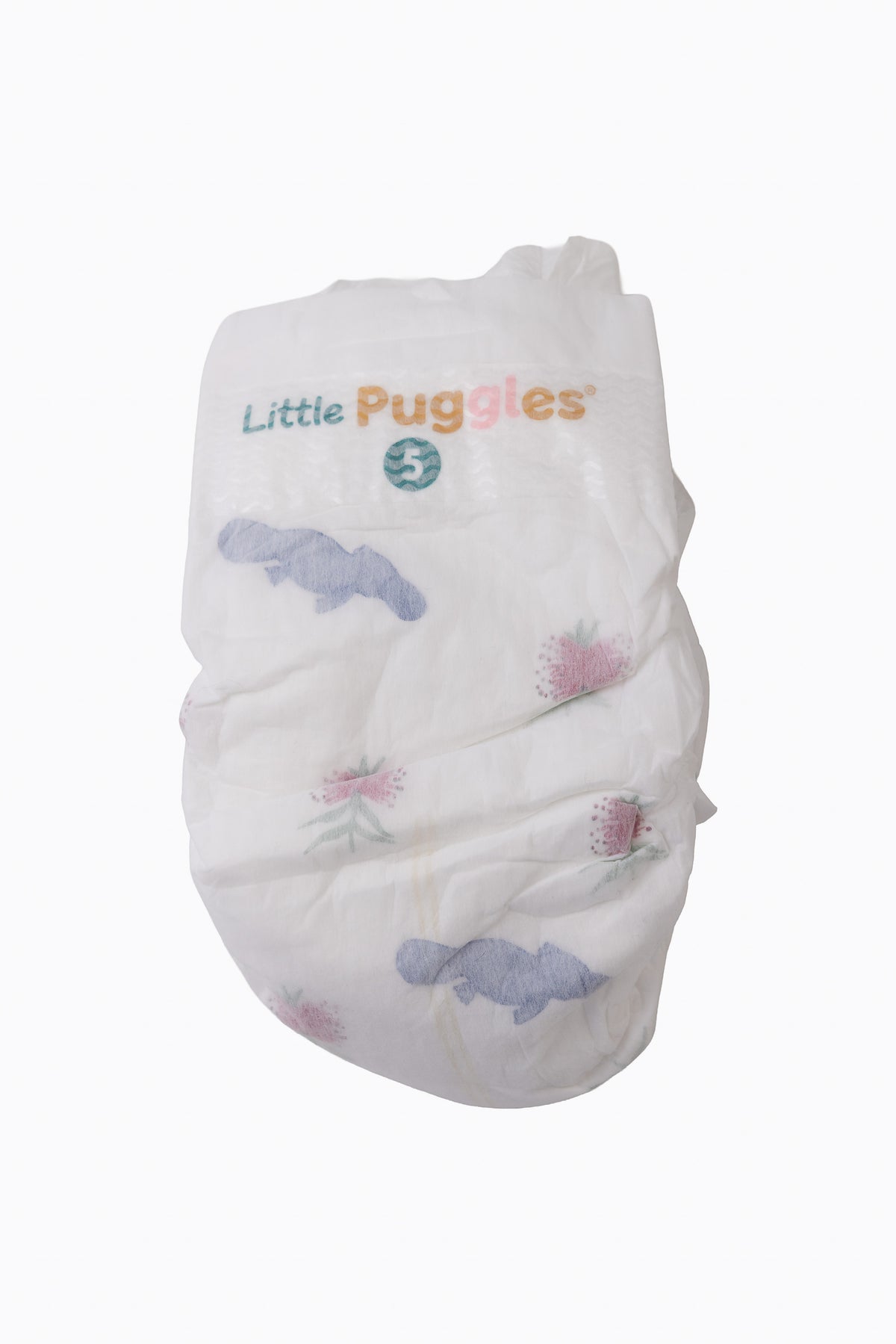 Little Puggles Size 5 nappy, front, with Platypus and Pink Bottlebrush artwork