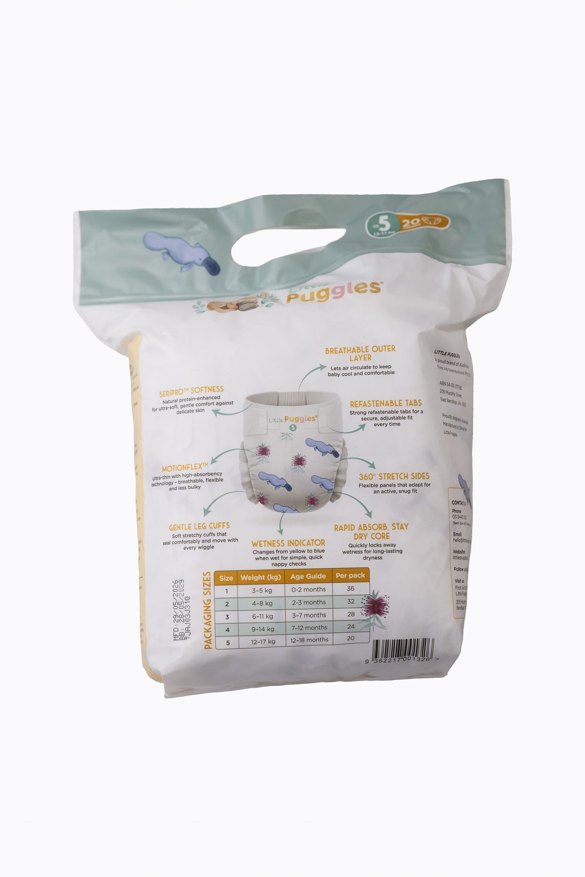 Little Puggles Nappies Size 5 pack of 20, back of pack
