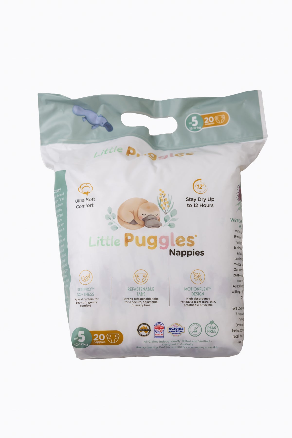 Little Puggles Nappies Size 5 pack of 20, front of pack, for 12 to 17 kg