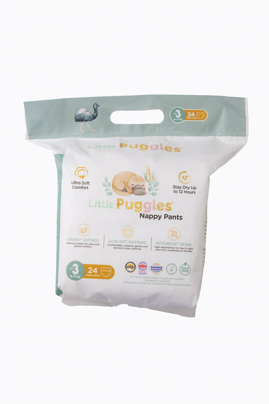 Little Puggles Nappy Pants Size 3 pack of 24, front of pack, for 6 to 11 kg
