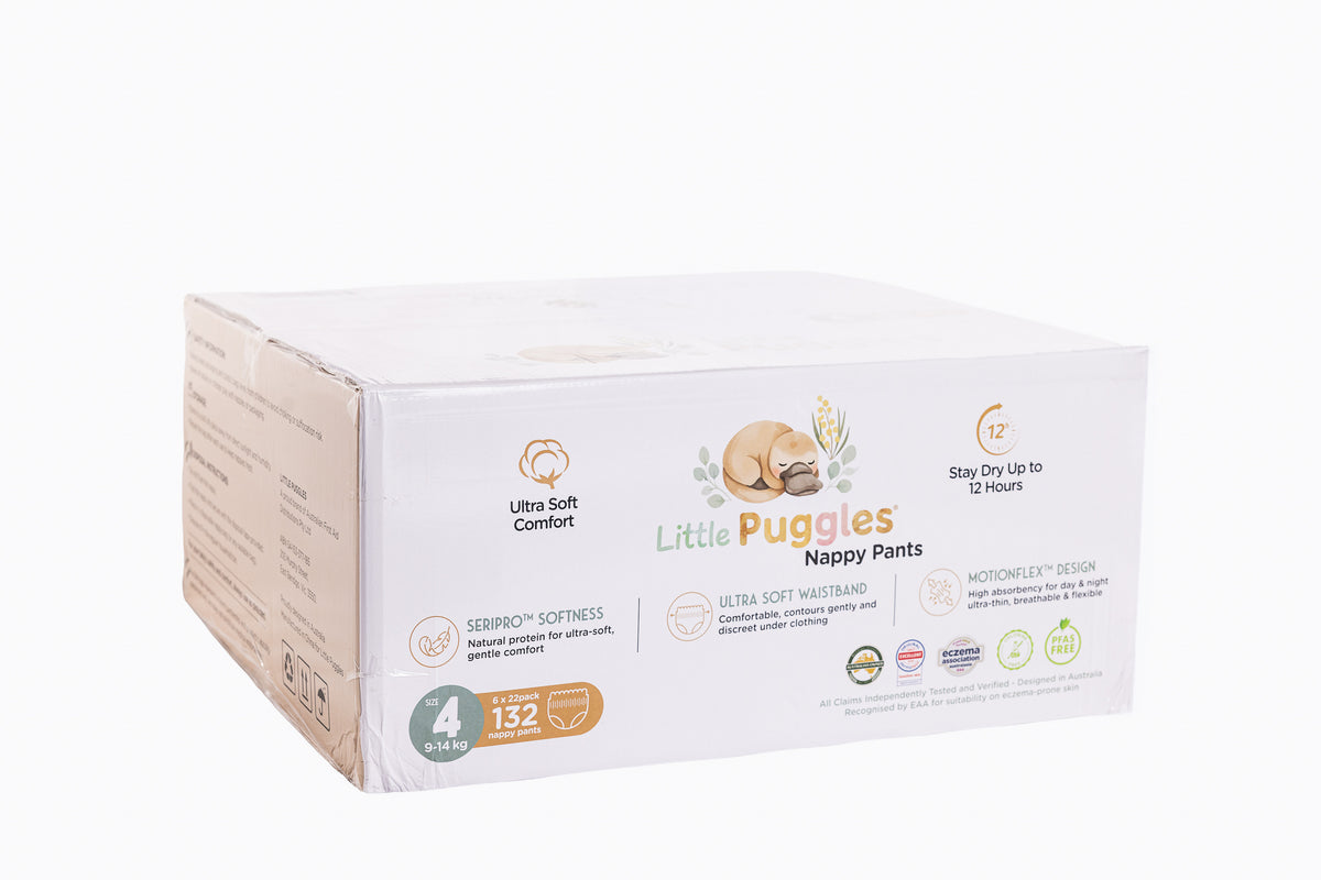 Little Puggles Nappy Pants Size 4 carton, six packs of 22, 132 pants for 9 to 14 kg