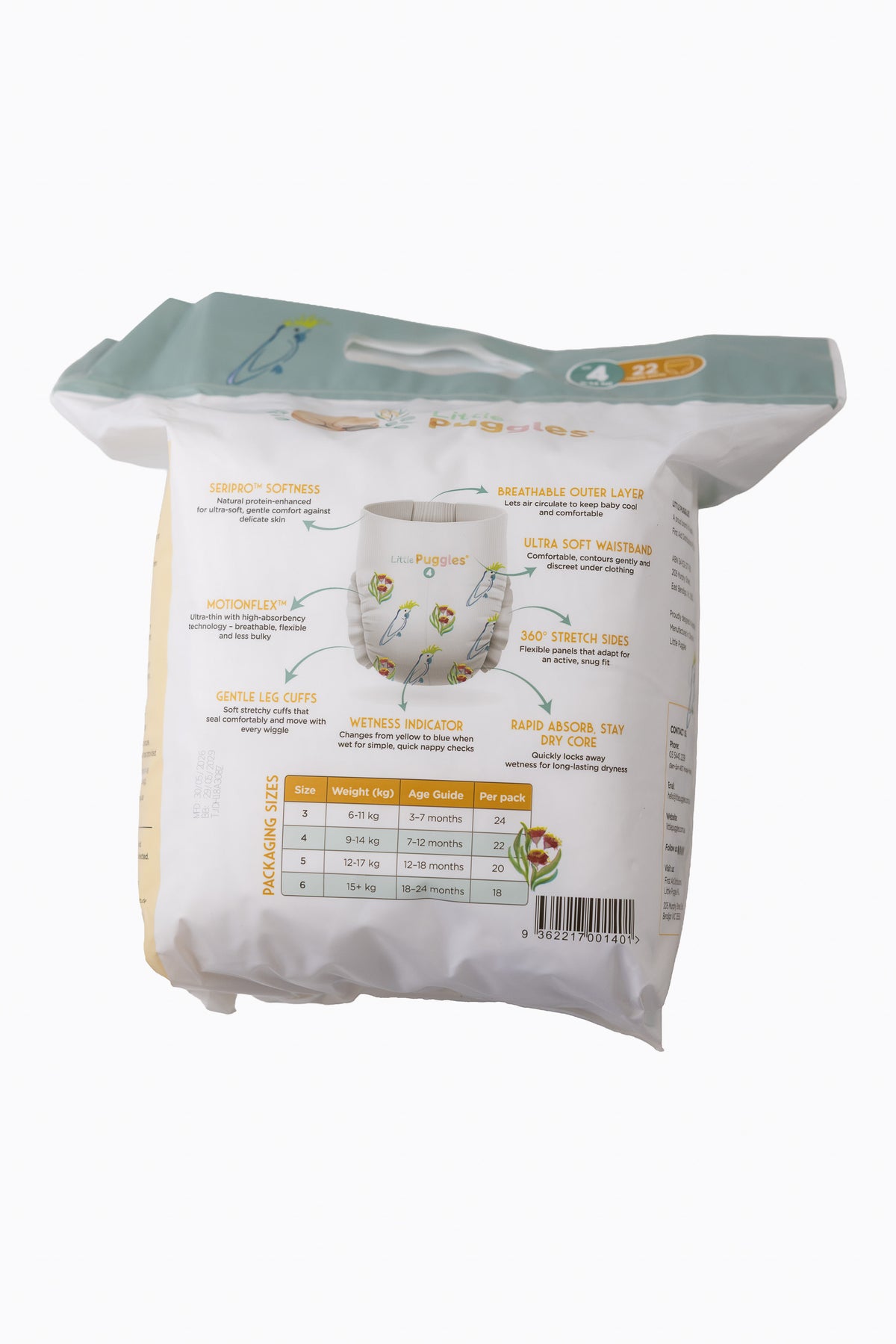 Little Puggles Nappy Pants Size 4 pack of 22, back of pack