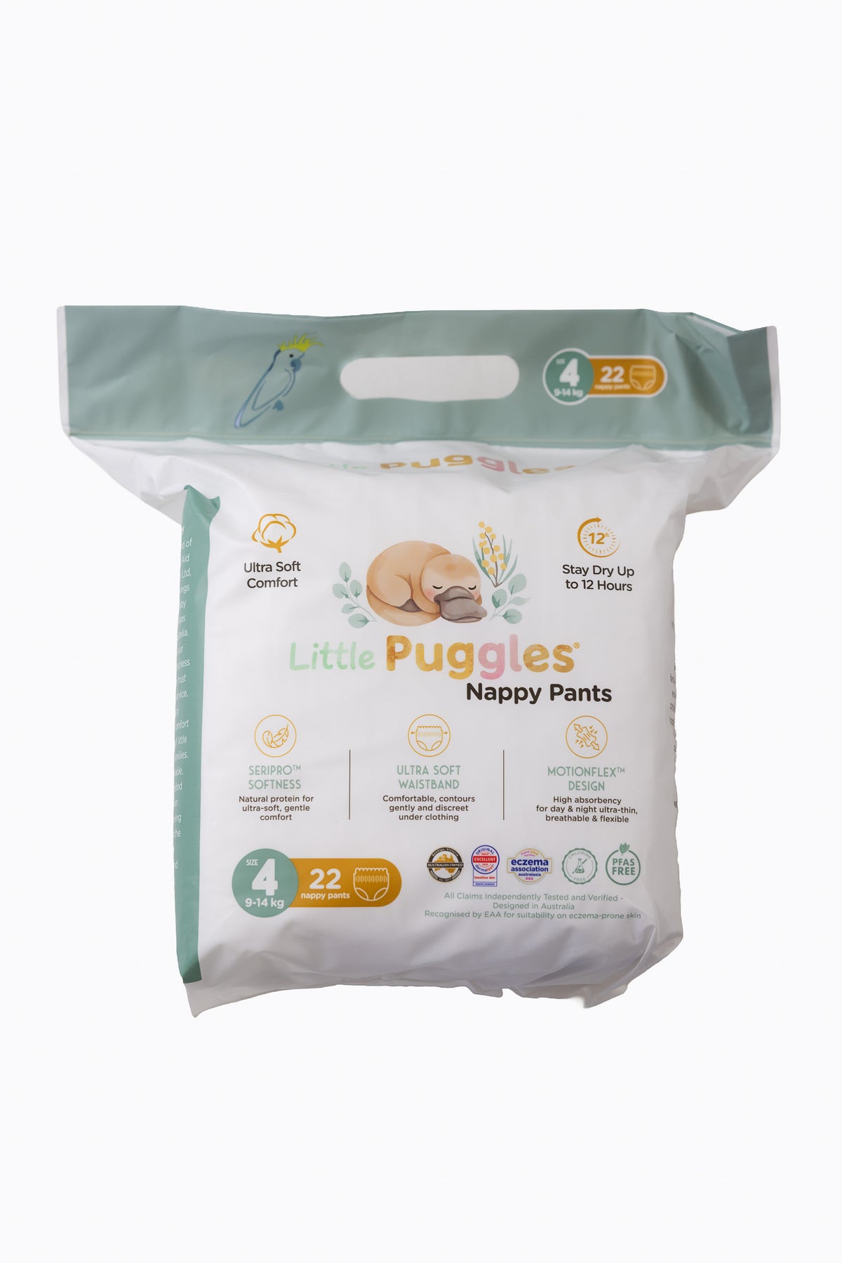 Little Puggles Nappy Pants Size 4 pack of 22, front of pack, for 9 to 14 kg