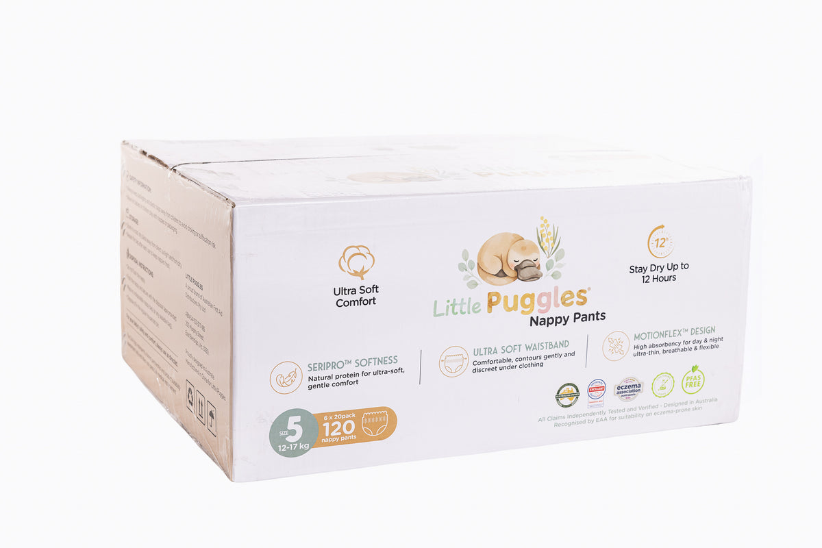 Little Puggles Nappy Pants Size 5 carton, six packs of 20, 120 pants for 12 to 17 kg