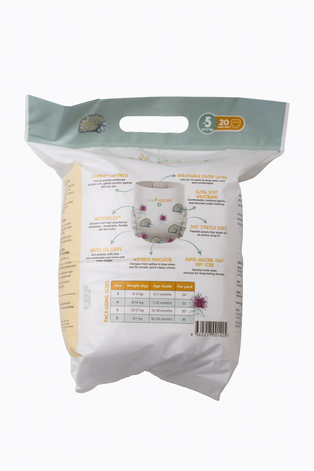 Little Puggles Nappy Pants Size 5 pack of 20, back of pack