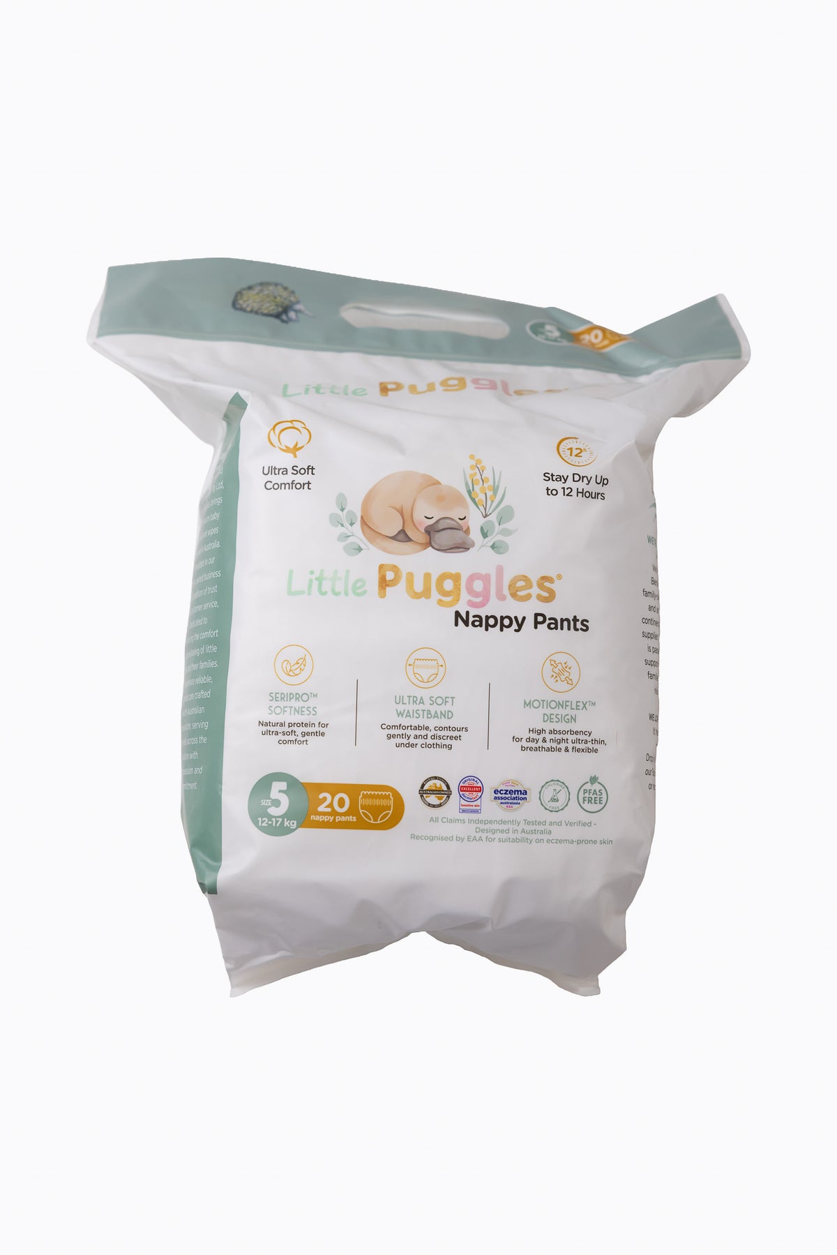 Little Puggles Nappy Pants Size 5 pack of 20, front of pack, for 12 to 17 kg