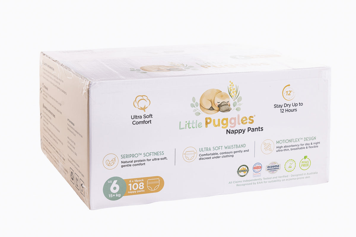 Little Puggles Nappy Pants Size 6 carton, six packs of 18, 108 pants for 15 kg and over