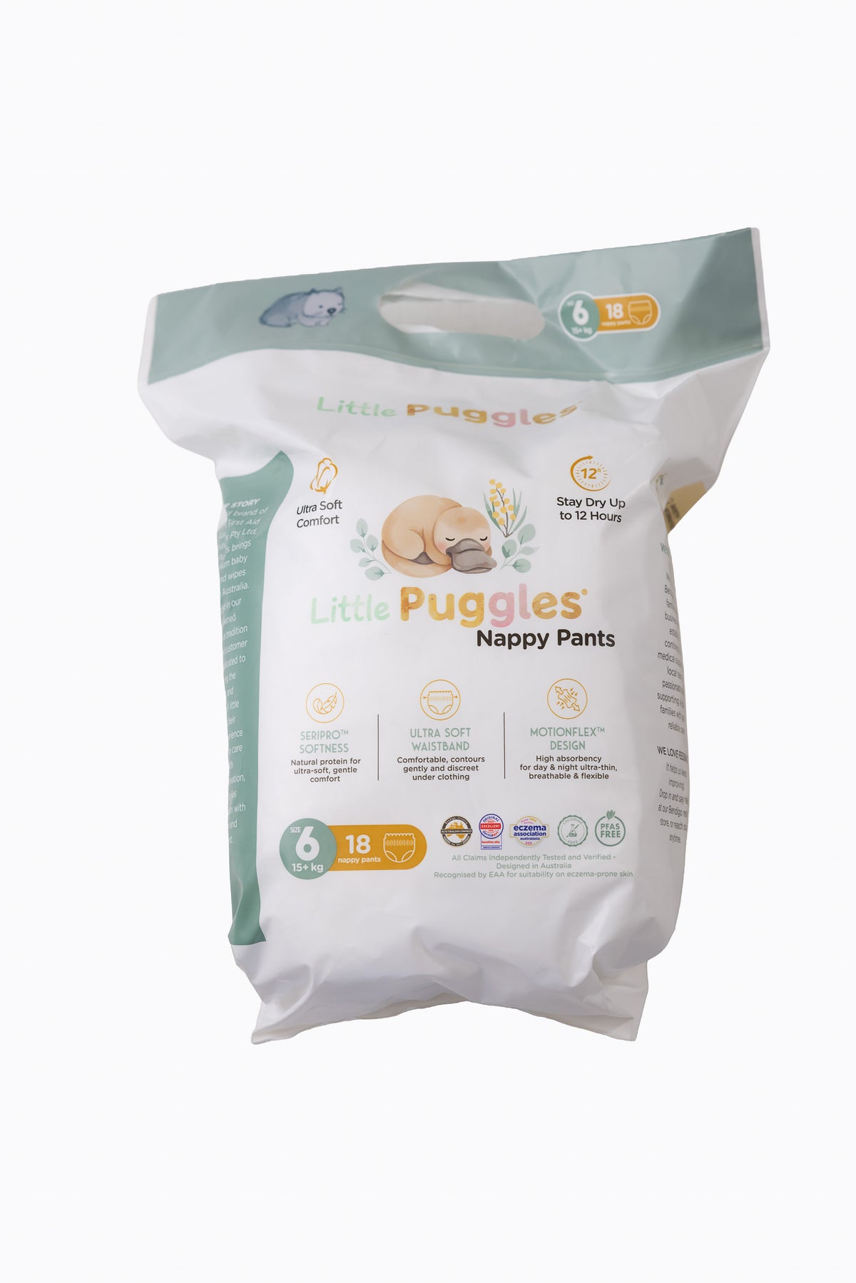 Little Puggles Nappy Pants Size 6 pack of 18, front of pack, for 15 kg and over