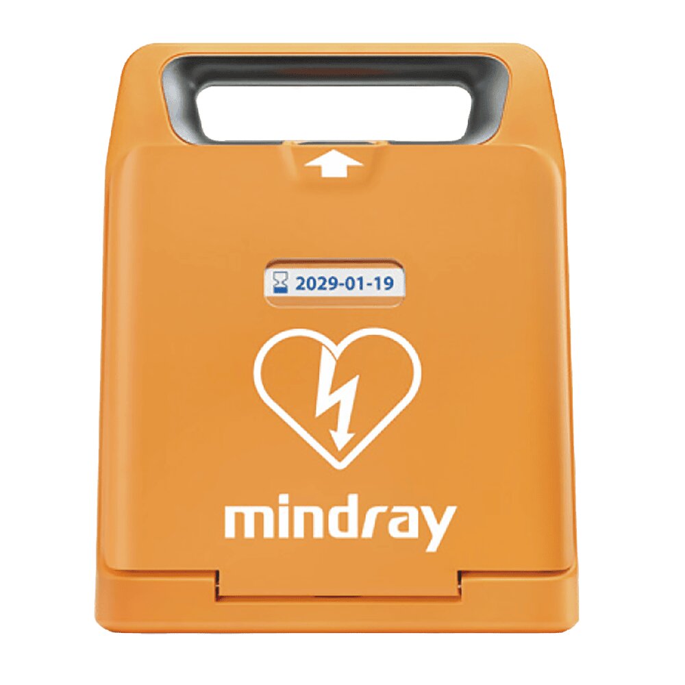 Mindray BeneHeart C1A fully automatic AED closed, orange case with carry handle and pad expiry window