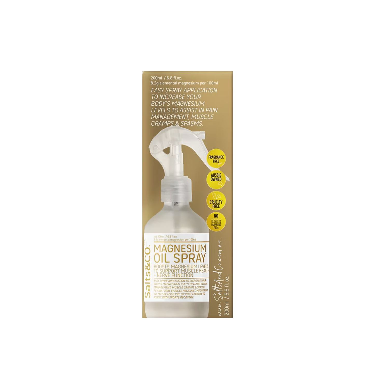 Bottle of First Aid Distributions magnesium oil spray with a spray nozzle, designed for topical magnesium application.