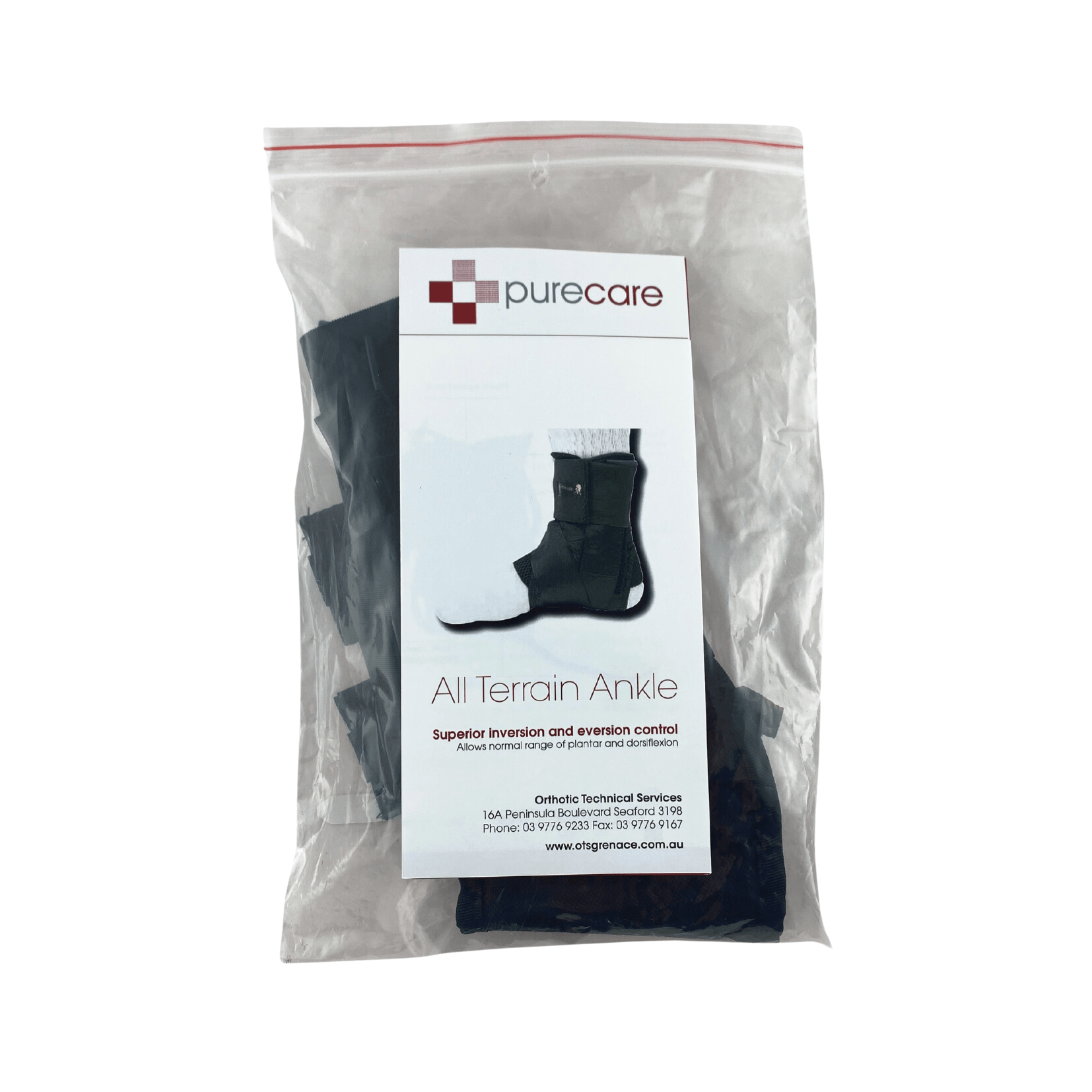 Purecare Leaf Spring AFO brace in medium size from OTS, designed for ankle support and mobility assistance.