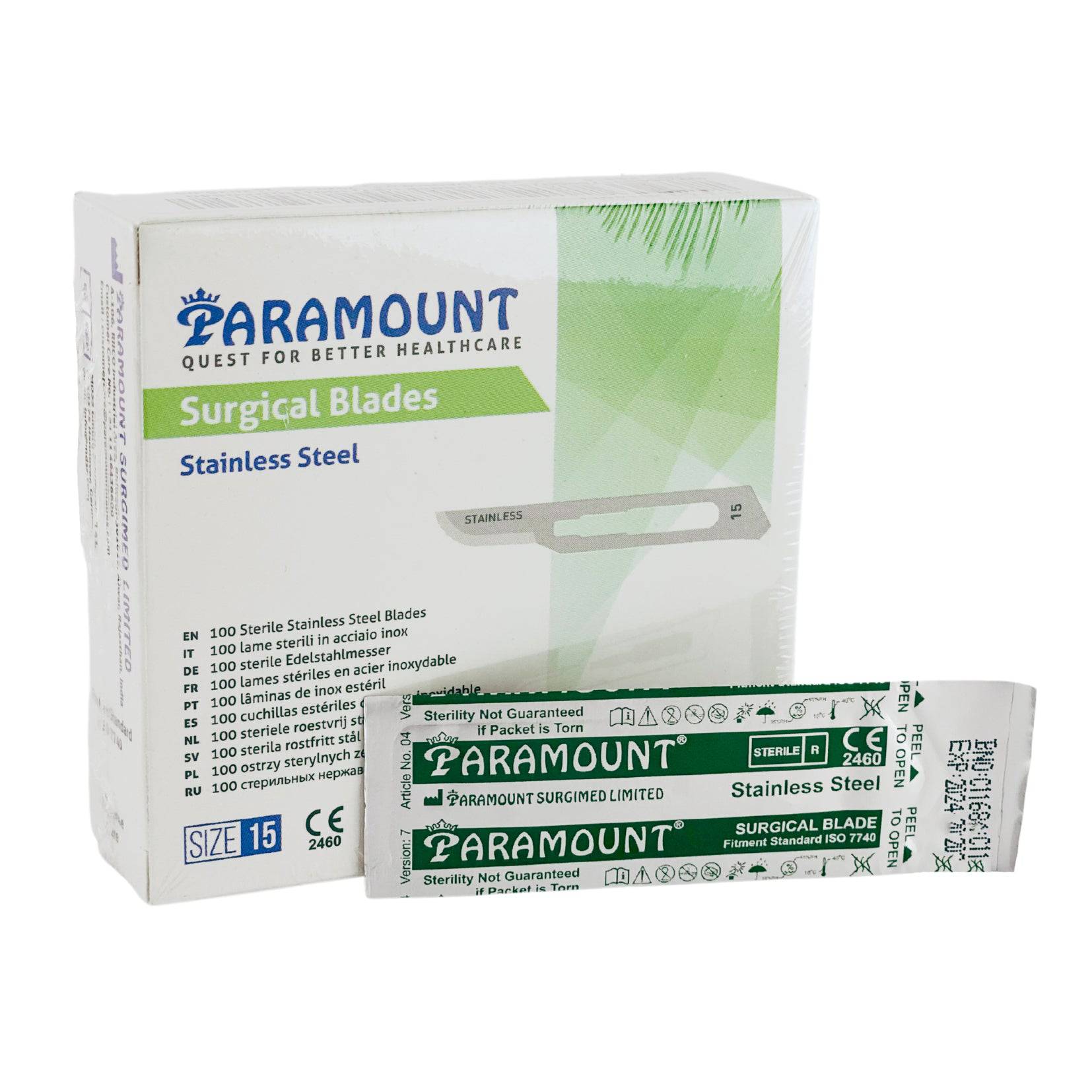 Box of 100 AXIS Size 15 scalpel blades for surgical use, arranged neatly inside a sterile container.