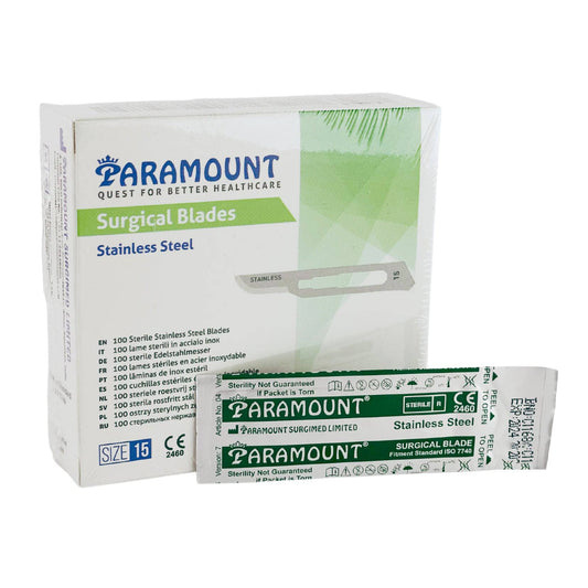 Box of 100 AXIS Size 15 scalpel blades for surgical use, arranged neatly inside a sterile container.